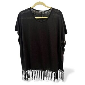 Esperanza Black Sheer Fringe Hem Poncho Top – Size L (NWOT)